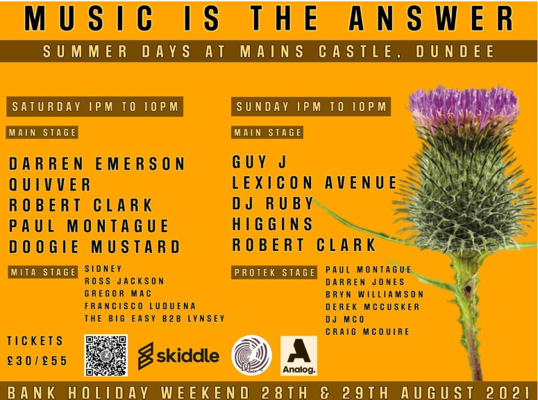 Music is the Answer Summer Days poster, Mains Castle Dundee, bank holiday weekend 28 and 29 August 2021
