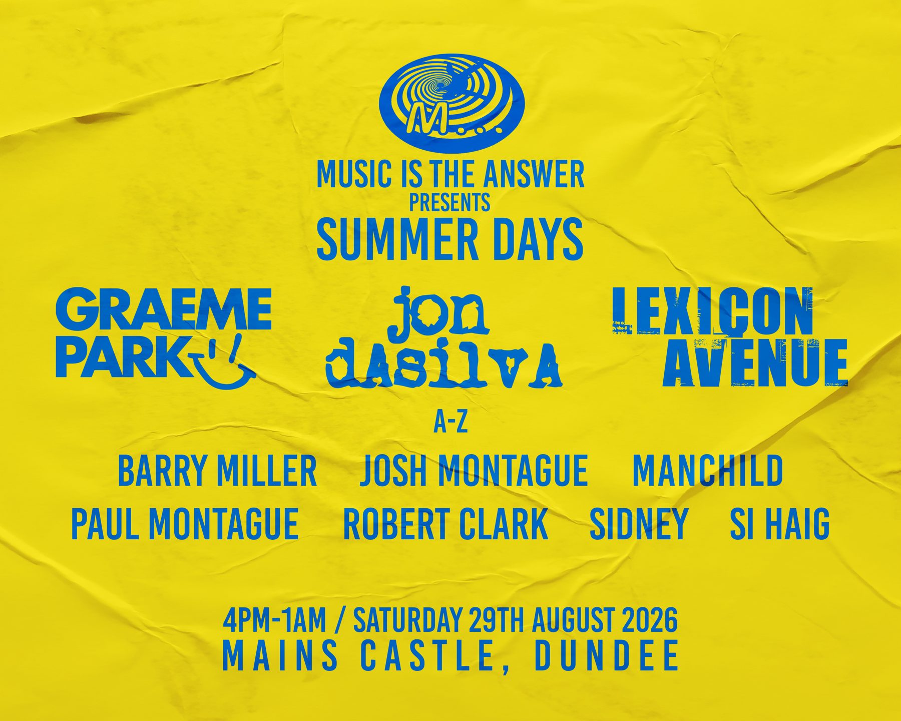Summer Days 2026 full line-up poster — yellow artwork with the full bill of DJs
