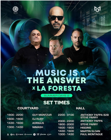 Music Is The Answer x La Foresta – Summer Days 2 official set times poster listing Courtyard and Hall stage times
