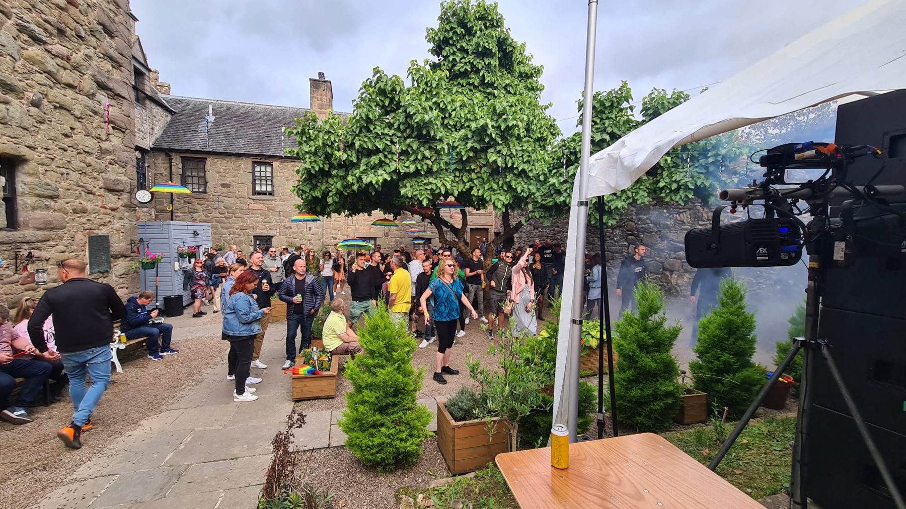 The marquee stage set up in the castle courtyard