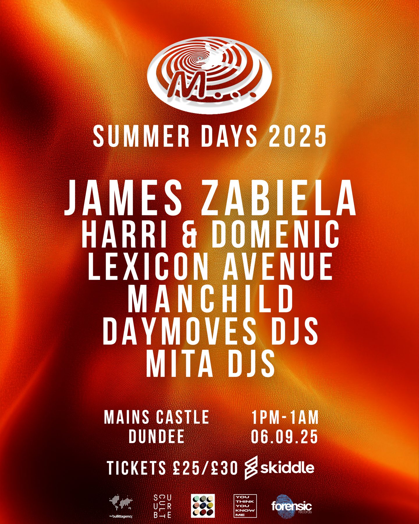 Summer Days 2025 poster with James Zabiela, Harri & Domenic and Lexicon Avenue at Mains Castle